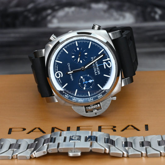 Panerai Luminor Chronograph Blue Dial Steel Bracelet PAM01110 Box & Papers