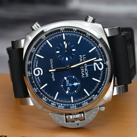 Panerai Luminor Chronograph Blue Dial Steel Bracelet PAM01110 Box & Papers