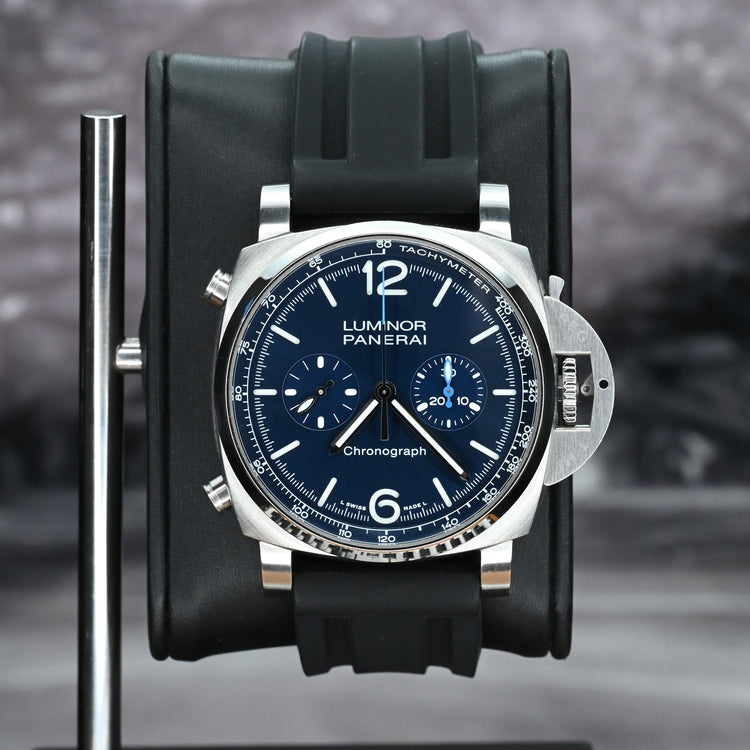 Panerai Luminor Chronograph Blue Dial Steel Bracelet PAM01110 Box & Papers